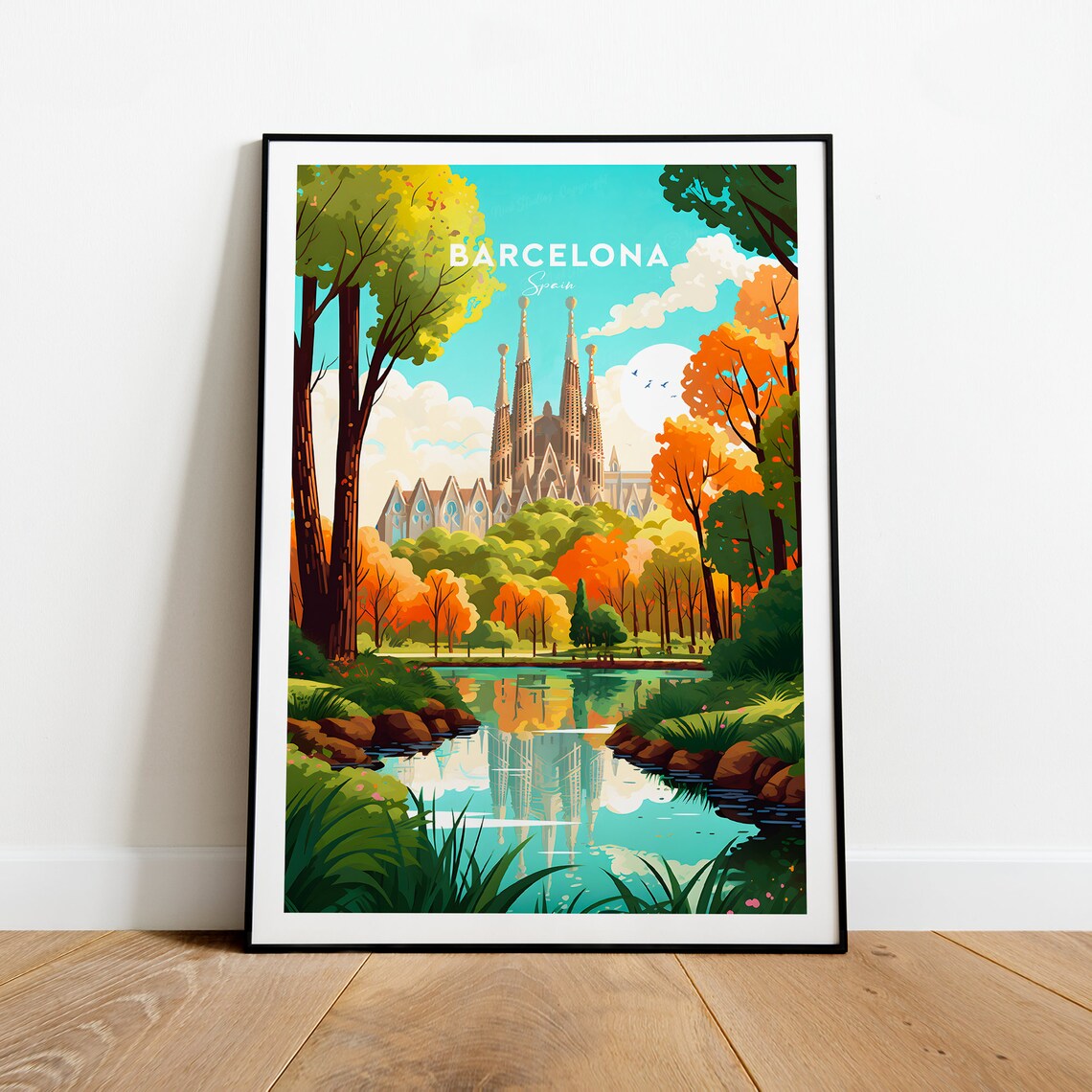 Barcelona Sagrada Familia Lakeside Autumn Scene Travel Poster