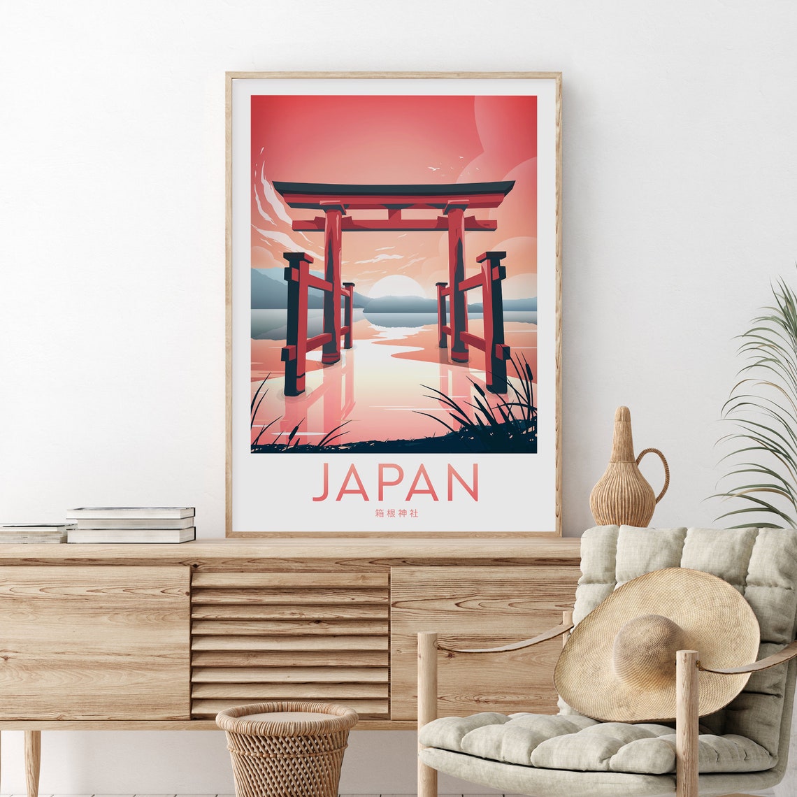 Japan Hakone Shrine Vermilion Torii Gate Over Water Sunset Poster