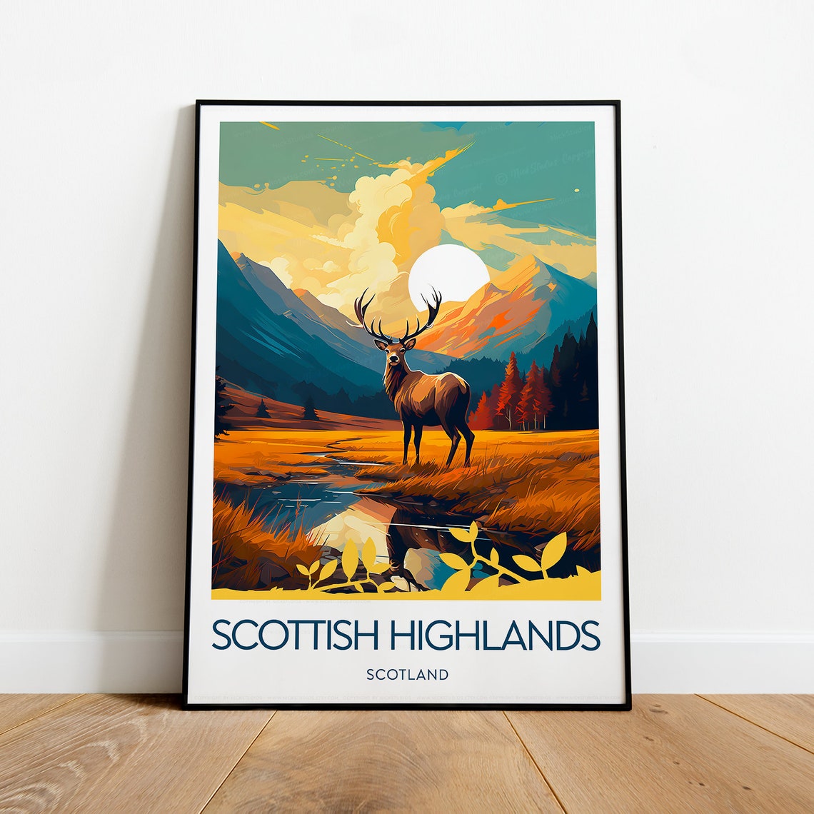 Scottish Highlands Red Deer Stag Autumn Glen Sunset Travel Poster