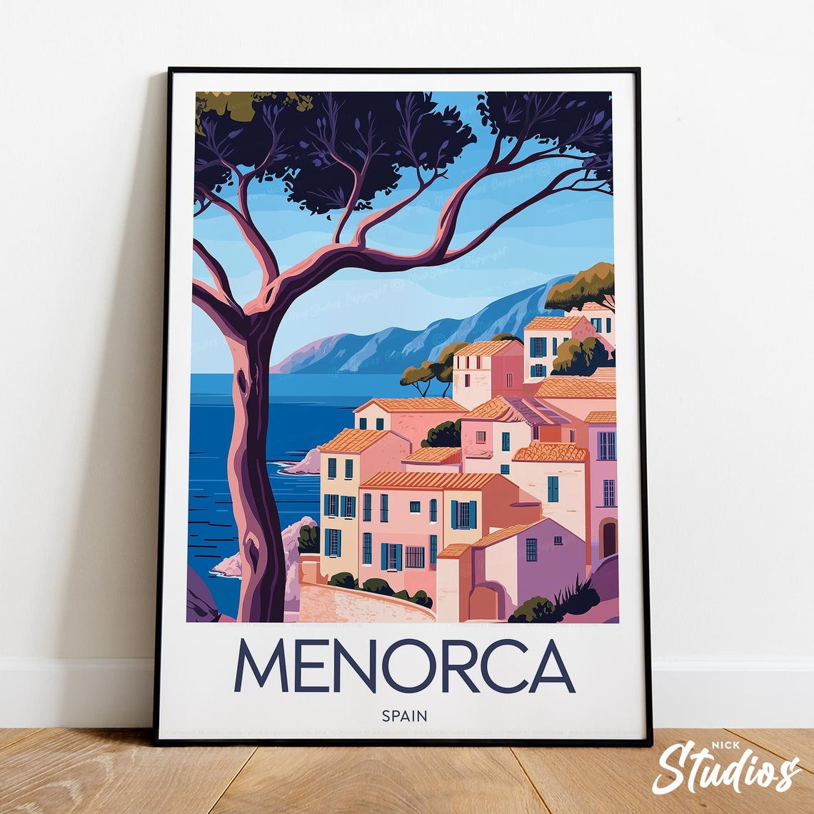 Menorca Spain Mediterranean Village Over Blue Bay Retro Travel Poster