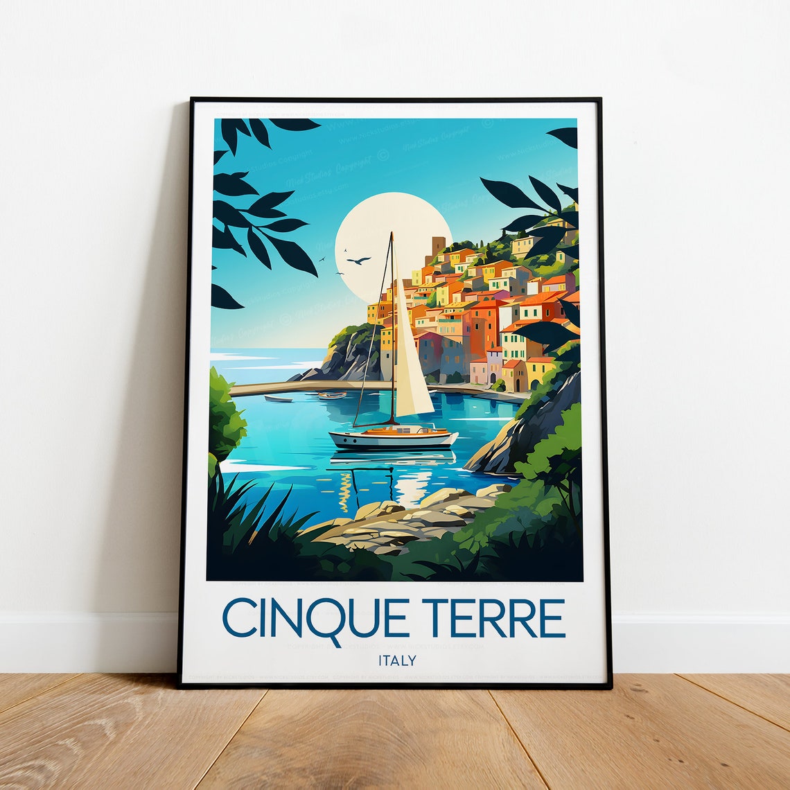 Cinque Terre Colorful Cliffside Village Sailboat Italy Travel Poster