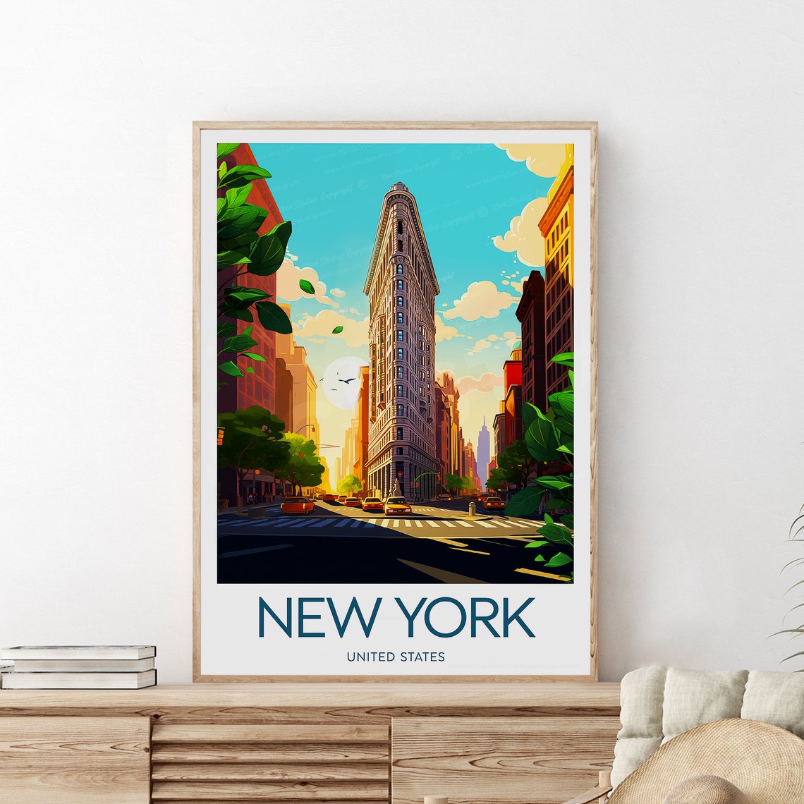 New York Iconic Flatiron Building with Yellow Cabs Street Poster