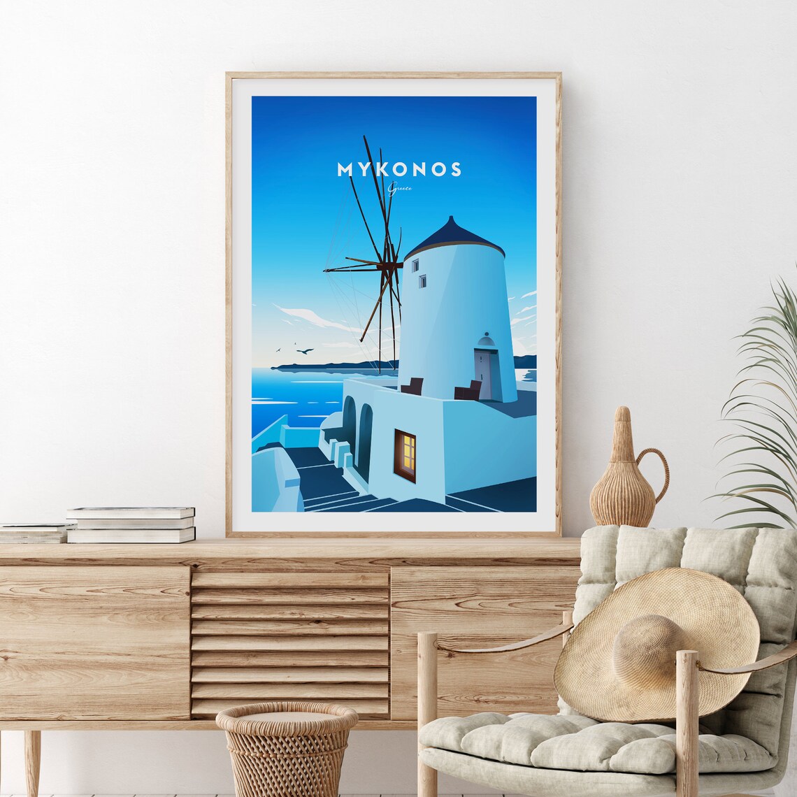 Mykonos Greece Windmill White Village Aegean Sea Travel Poster