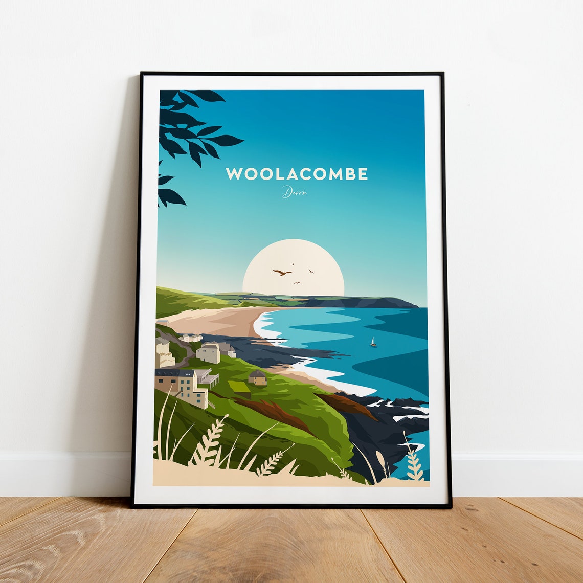 Woolacombe Devon Coastal Bay Cliffs Sailboat View Travel Poster