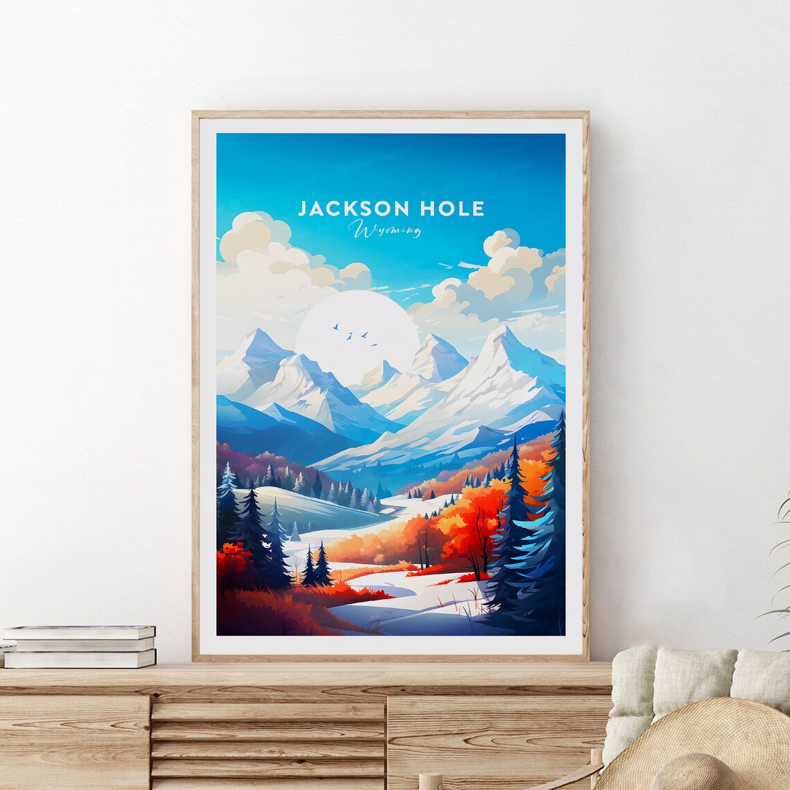 Jackson Hole Wyoming Snowy Mountain Peaks Autumn Pines Travel Poster