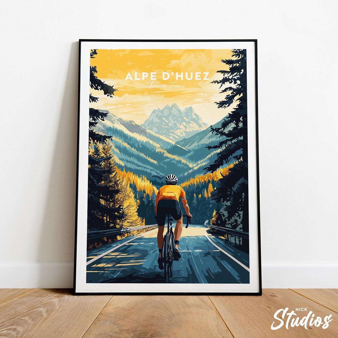 Alpe d'Huez Tour de France Traditional Poster Cyclist Mountain Road