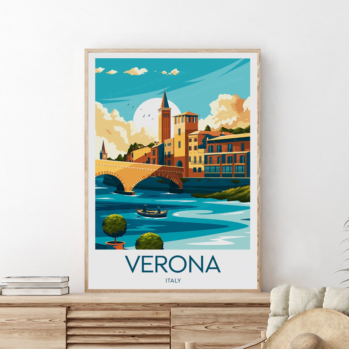 Verona Italy Ponte Pietra Bridge Over the Adige River Scene Poster