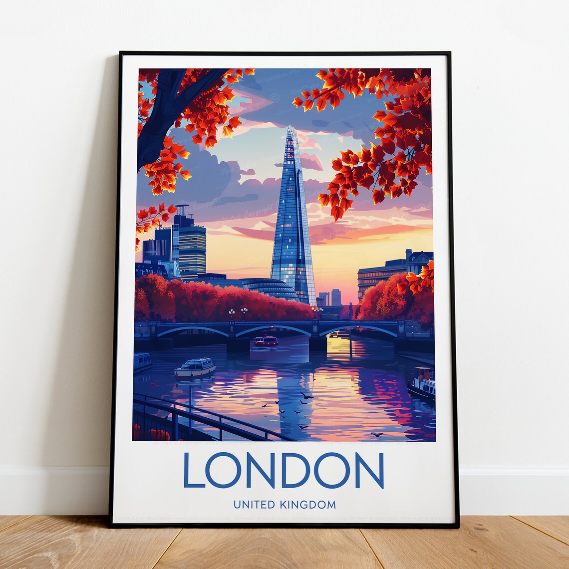 London The Shard Autumn Sunset Riverside Evening Scene Poster