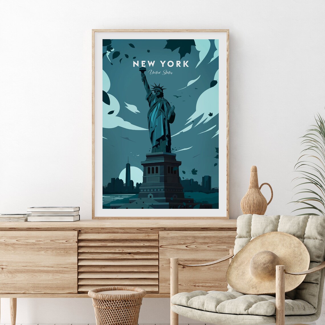 New York Statue Of Liberty Teal Skyline Evening Cityscape Poster