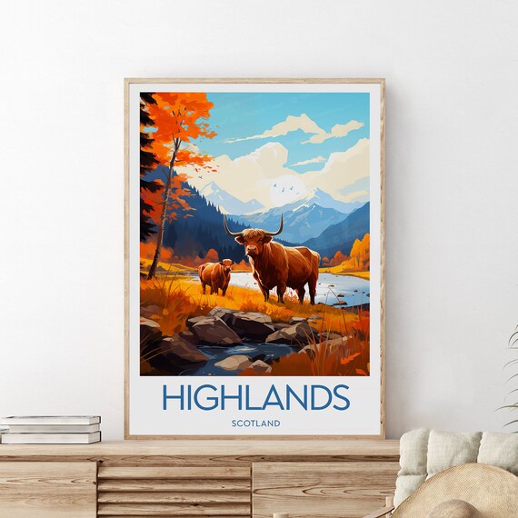 Scottish Highlands Autumn Highland Cows Mountain River Poster