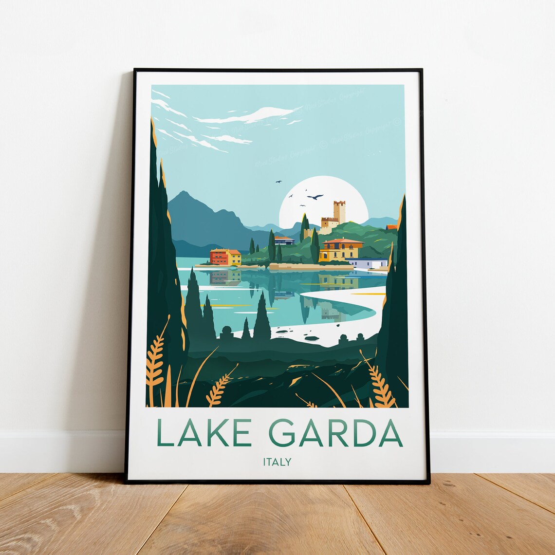 Lake Garda Italy Cypress Trees Moonlit Shoreline Evening Poster