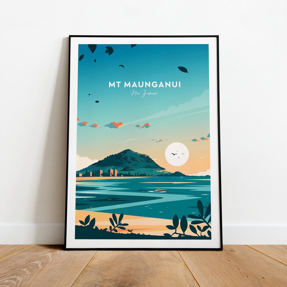 Mount Maunganui New Zealand Golden Sunset Beach Retro Poster