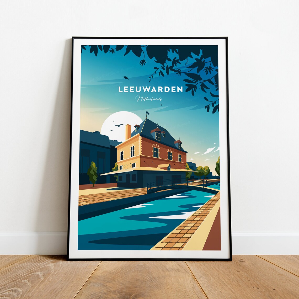 Leeuwarden Netherlands Canal Travel Poster with Historic Building