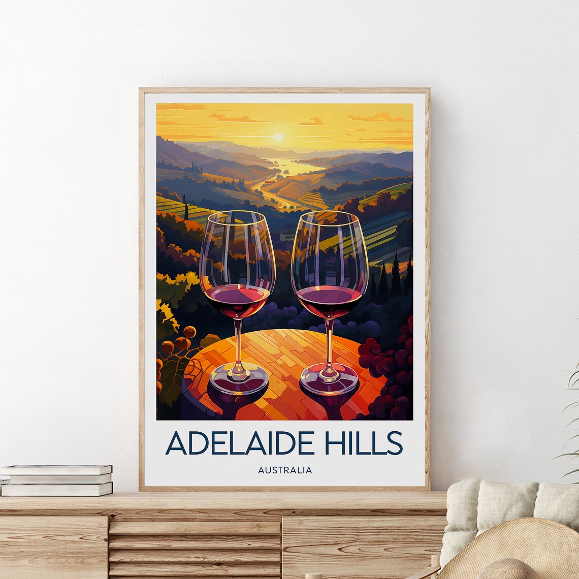 Adelaide Hills Australia Wine Valley Sunset Vineyard Travel Poster