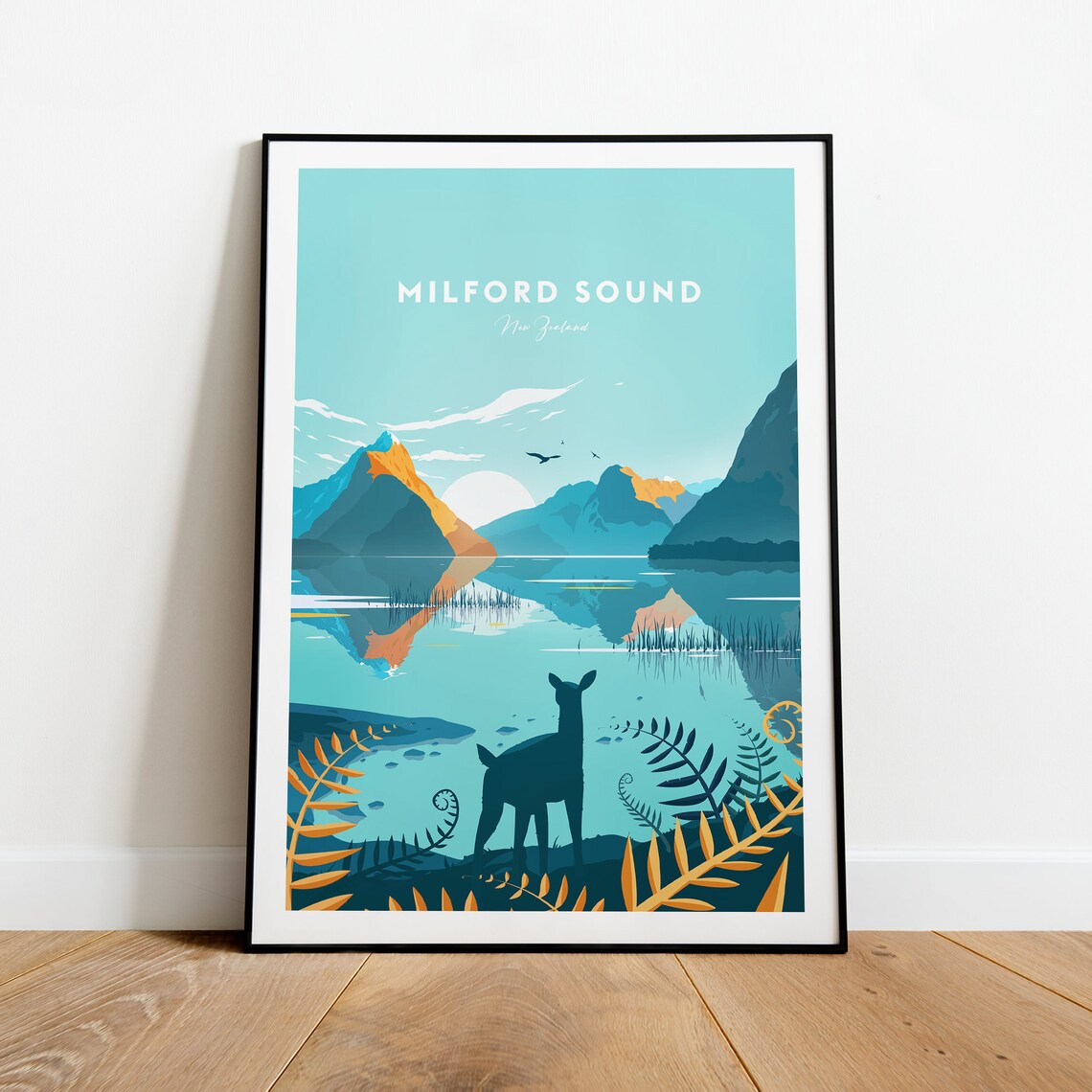Milford Sound New Zealand Fiord Peaks Deer Vintage Travel Poster