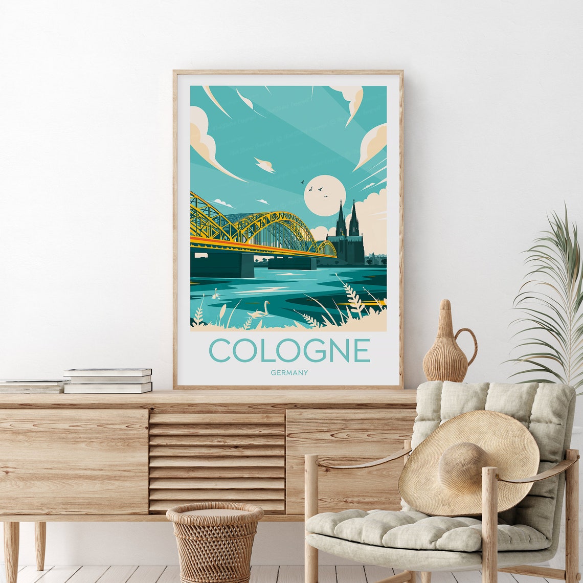 Cologne Germany Cathedral and Hohenzollern Bridge Moon Poster