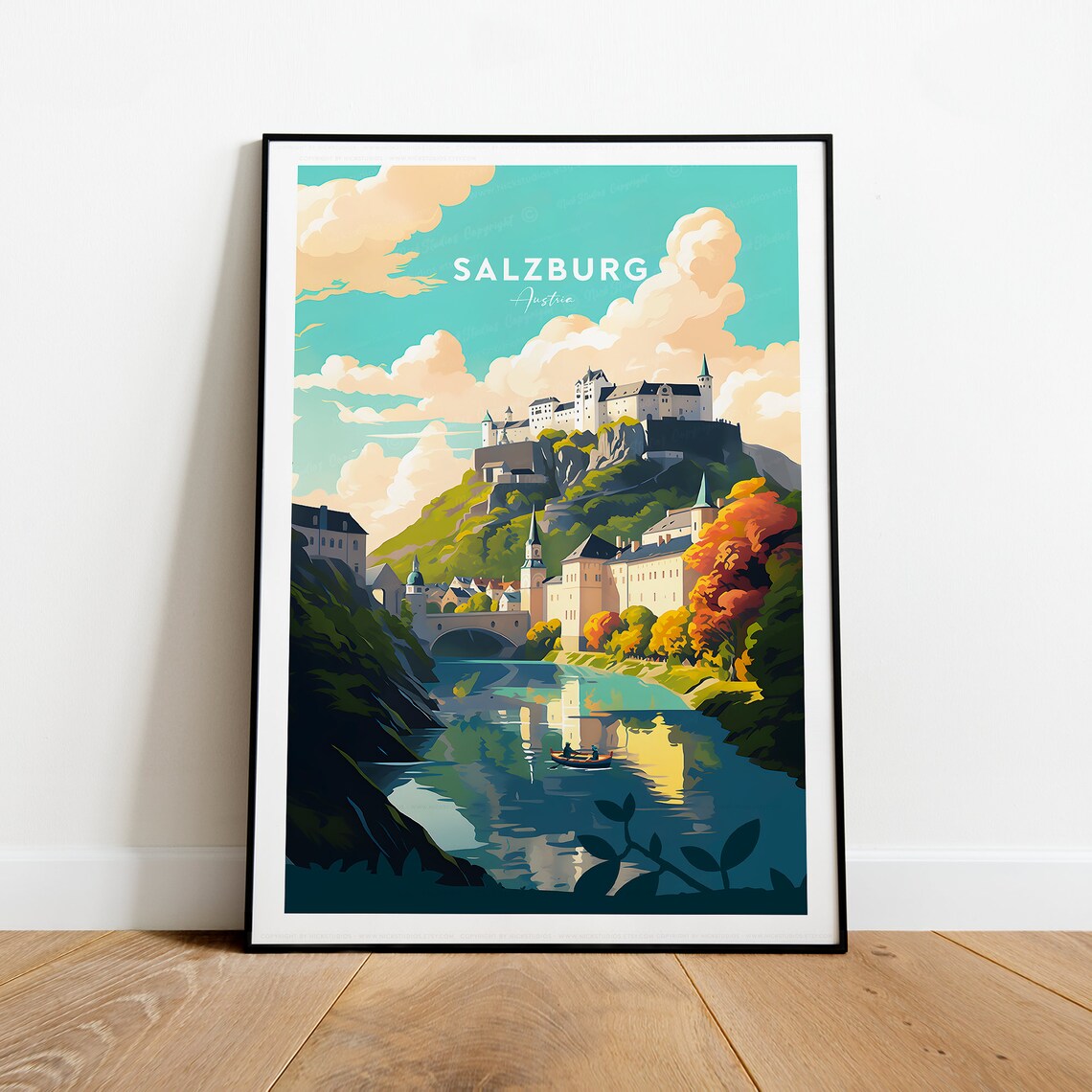 Salzburg Austria Hohensalzburg Fortress River Town Travel Poster