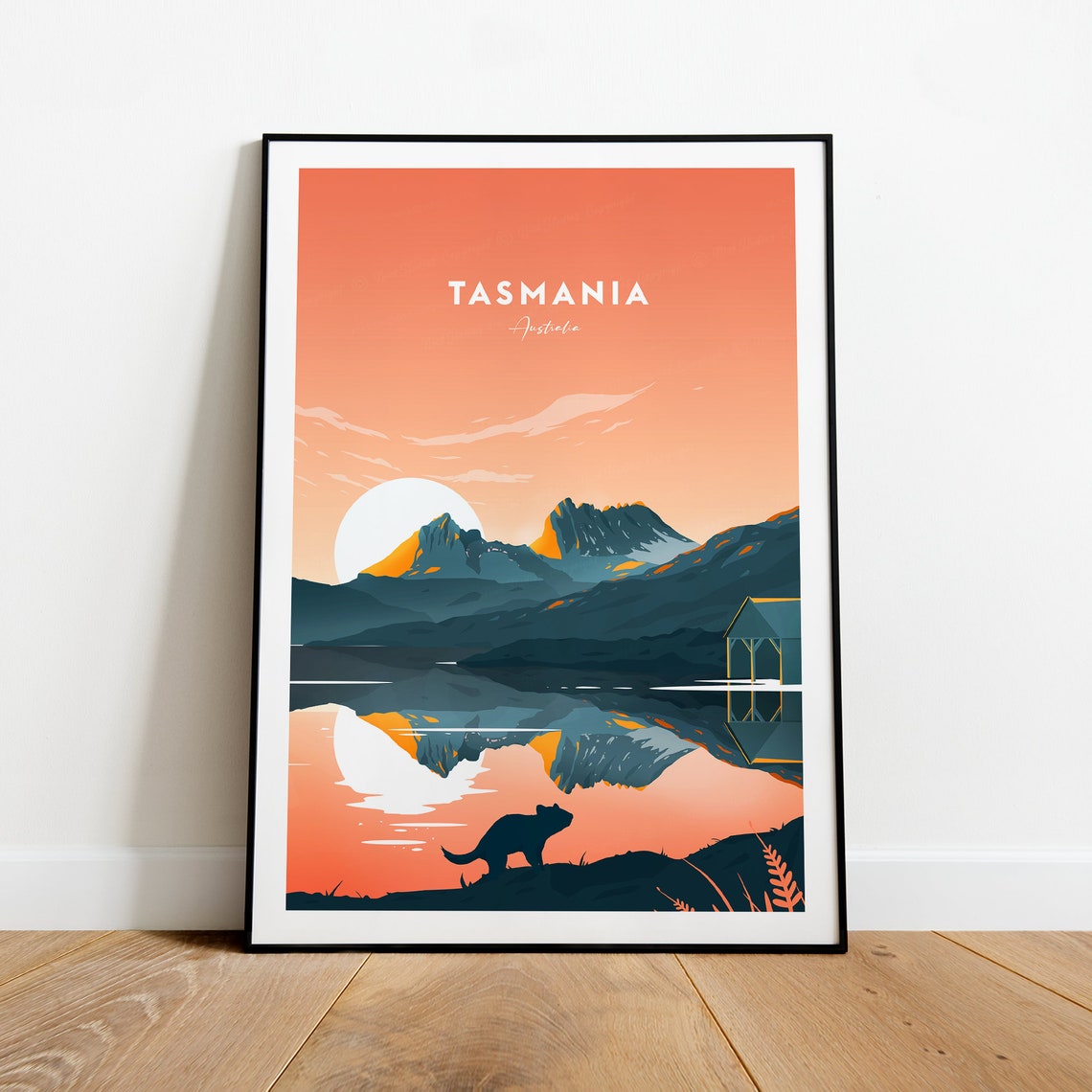 Tasmania Australia Sunset Mountain Lake Devil Silhouette Poster - Image 2