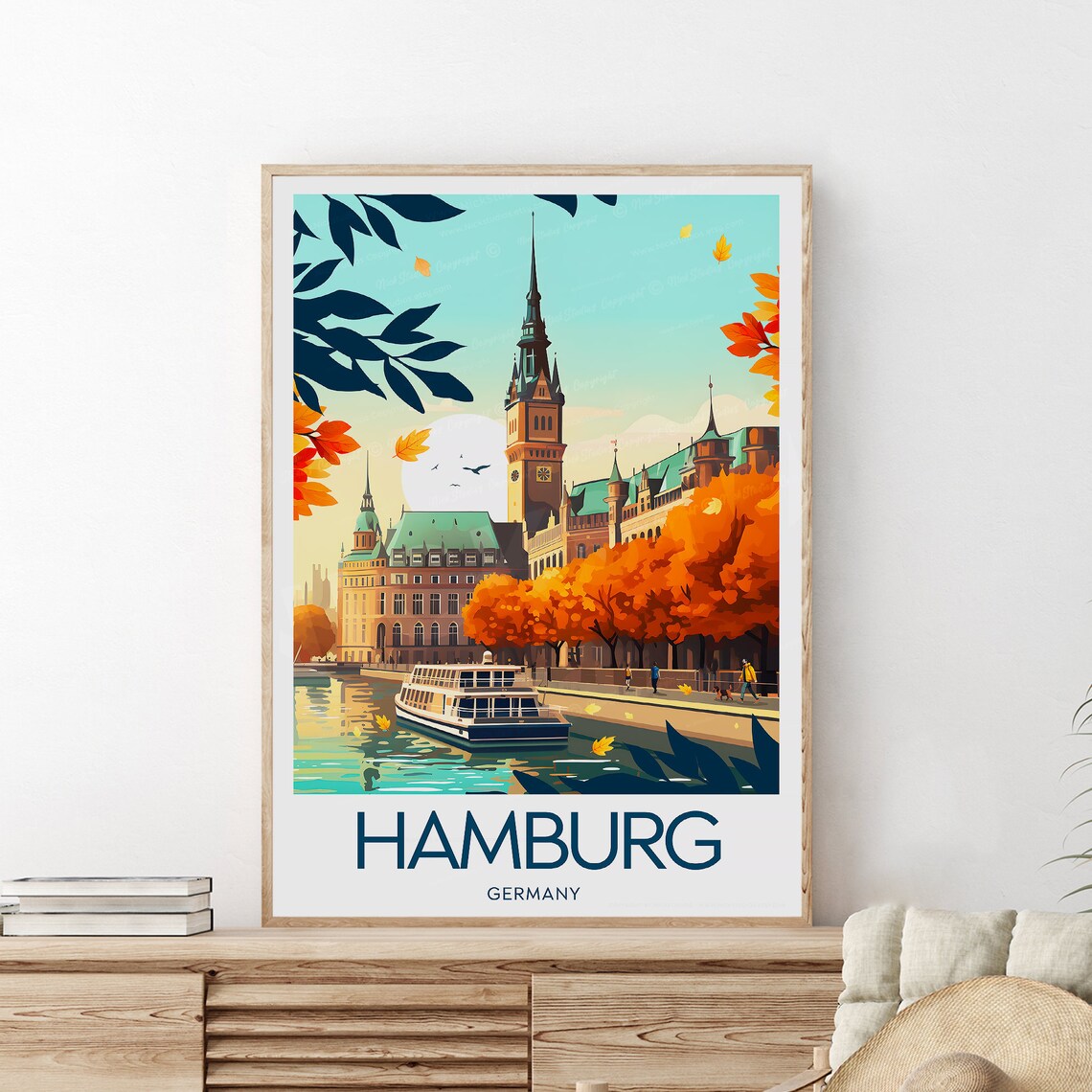 Hamburg Autumn Rathaus Waterfront Alster Boat Scenic Travel Poster