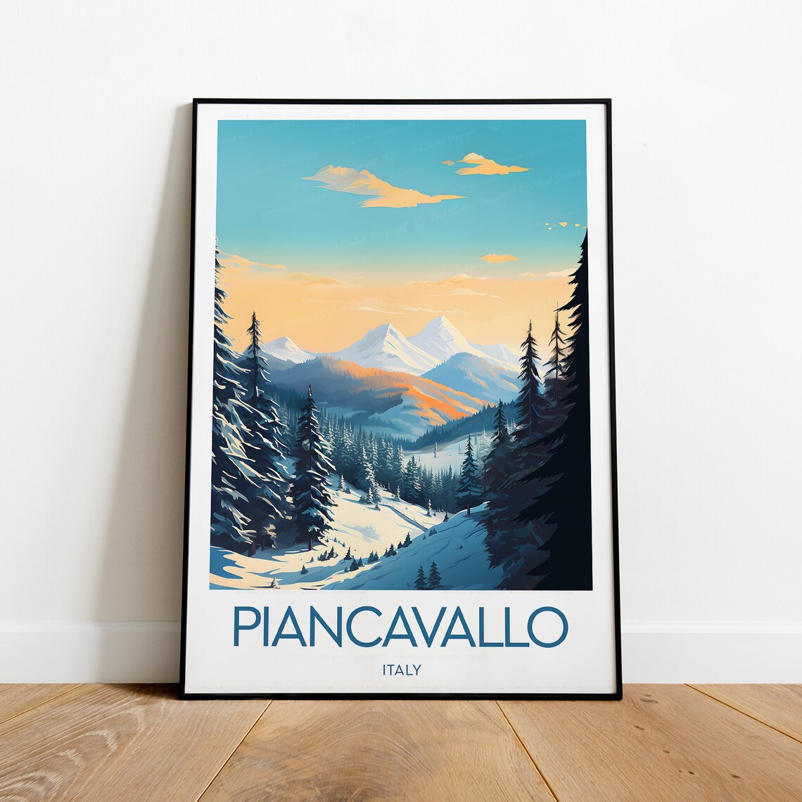 Piancavallo Italy Snowy Ski Slopes Pine Forest Sunset Travel Poster