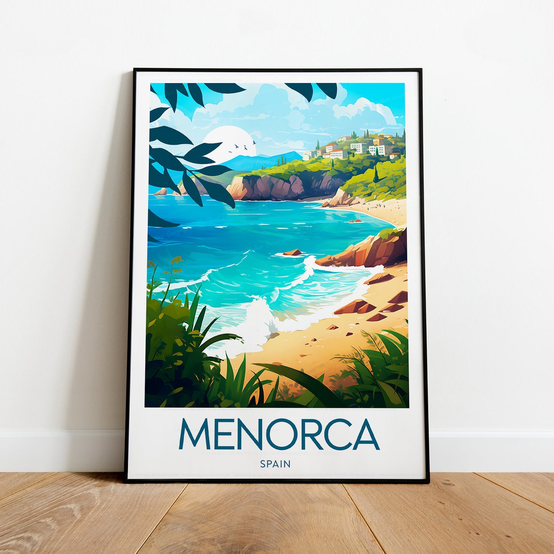Menorca Spain Emerald Cove Sandy Beach Red Cliffs Travel Poster - Image 2