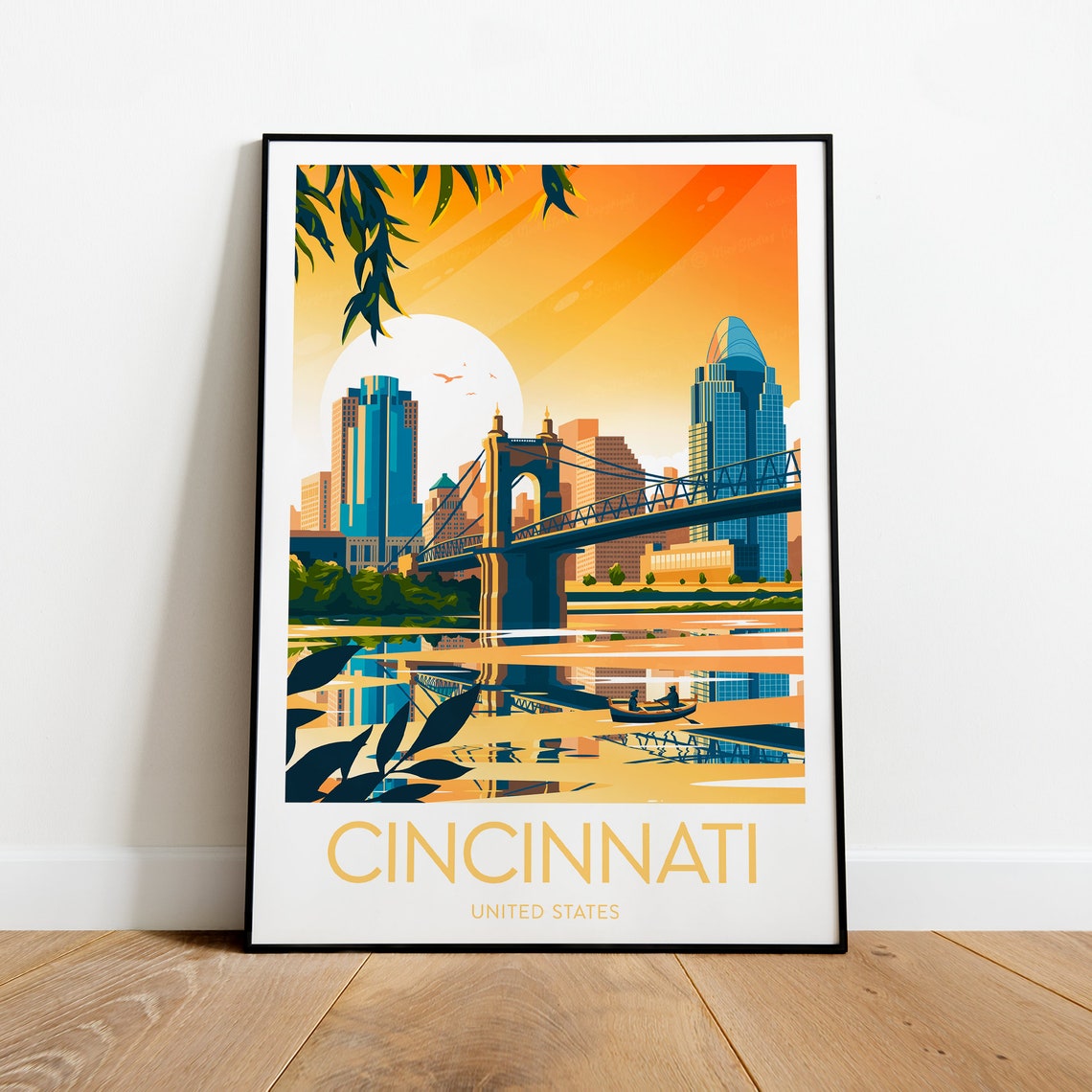 Cincinnati Ohio Evening Skyline Suspension Bridge Travel Poster
