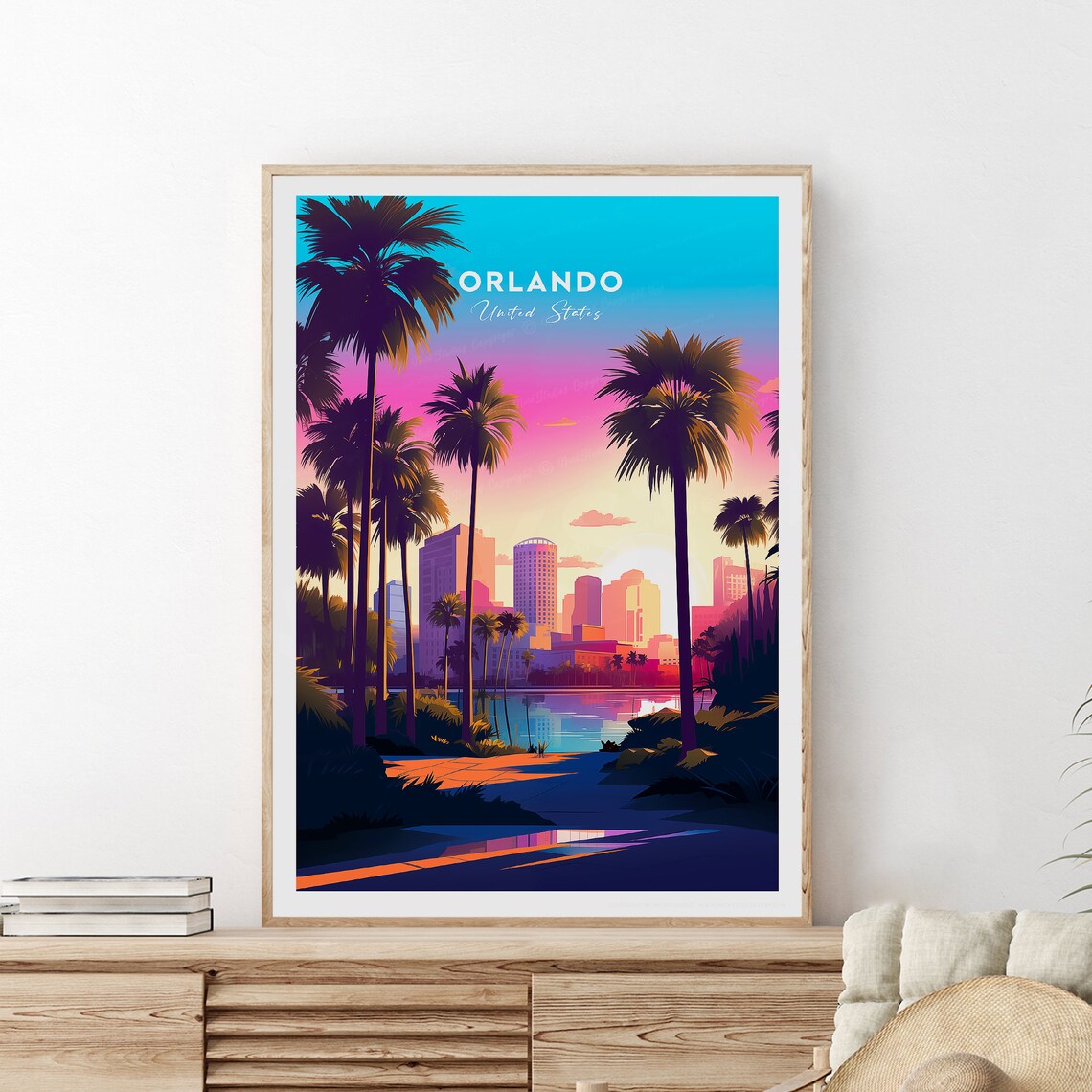 Orlando United States Palm Trees Sunset Downtown Skyline Poster