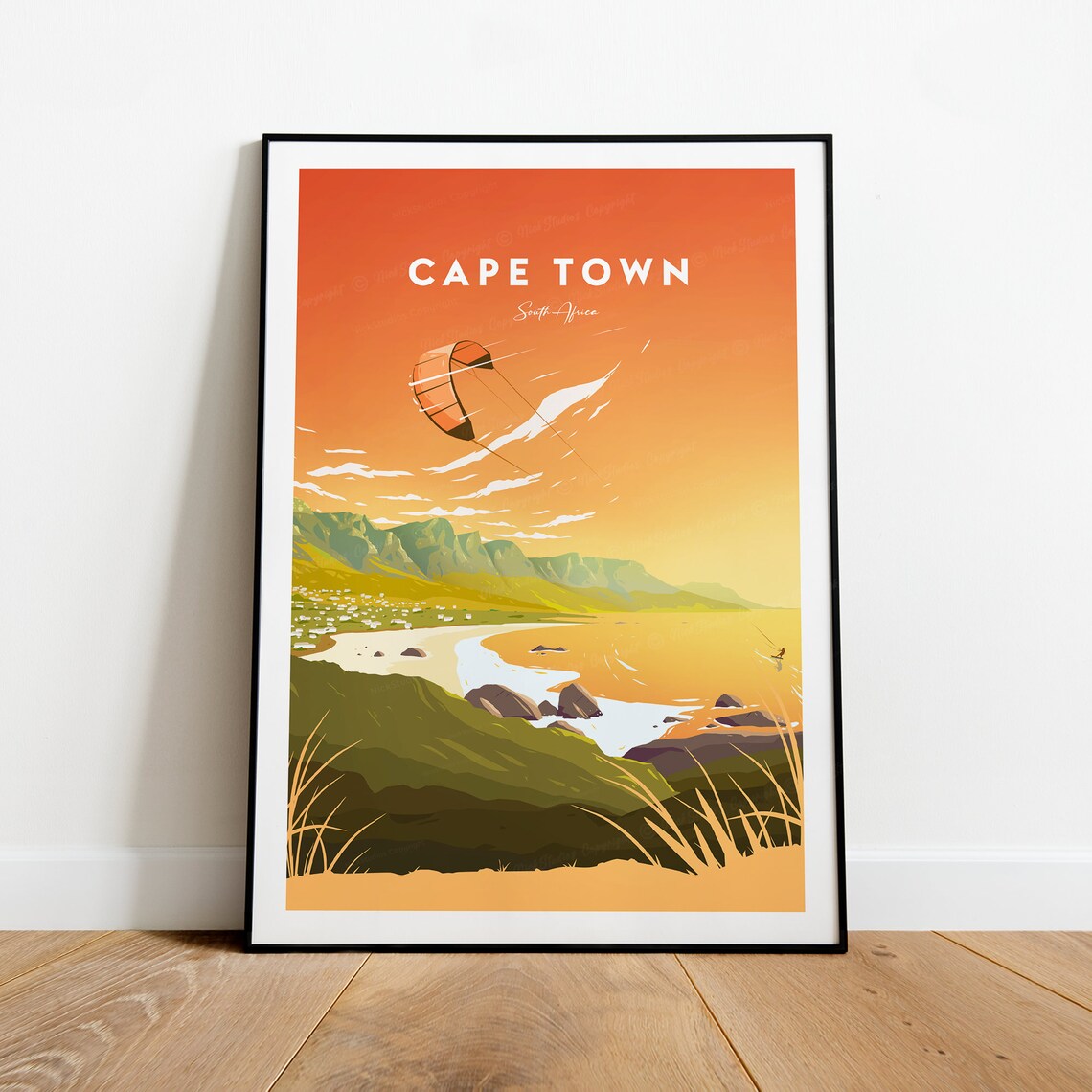 Cape Town Kitesurfer over Orange Sunset Bay South Africa Poster