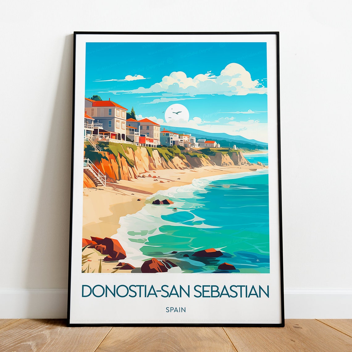 Donostia San Sebastian Spain Beach Cliffs Old Town Travel Poster