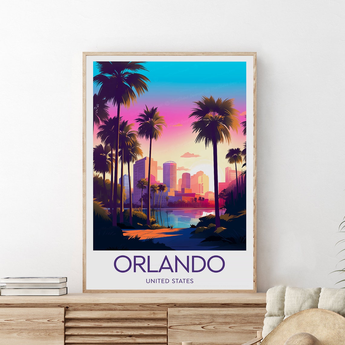 Orlando Florida Palm Tree Skyline Neon Sunset Lakeside Scene Poster - Image 2