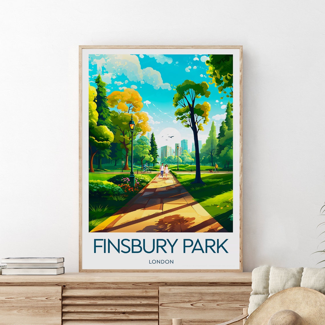 Finsbury Park London Tree Lined Path City Skyline Travel Poster