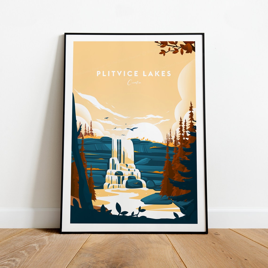 Plitvice Lakes Croatia Waterfall in Golden Autumn Forest Poster