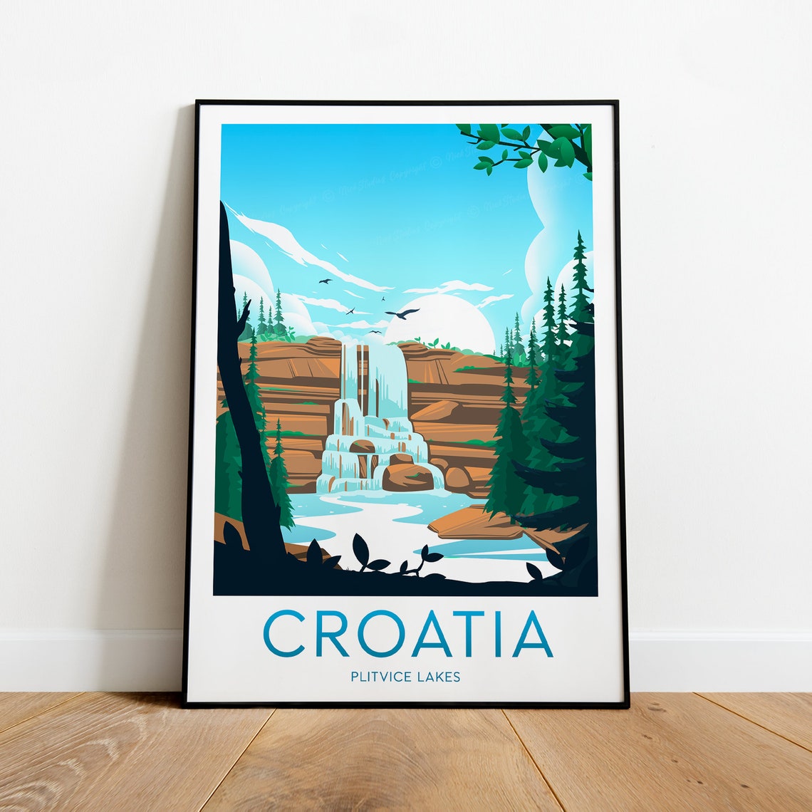 Croatia Plitvice Lakes Waterfall Pine Forest Vintage Travel Poster