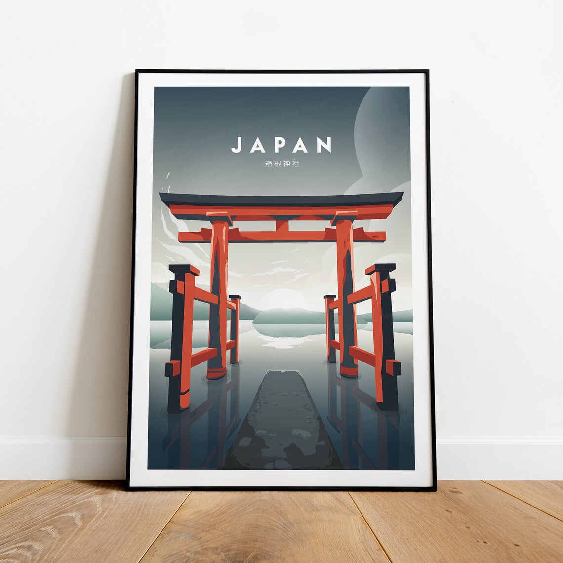 Japan Hakone Shrine Red Torii Gate Lake Twilight Travel Poster