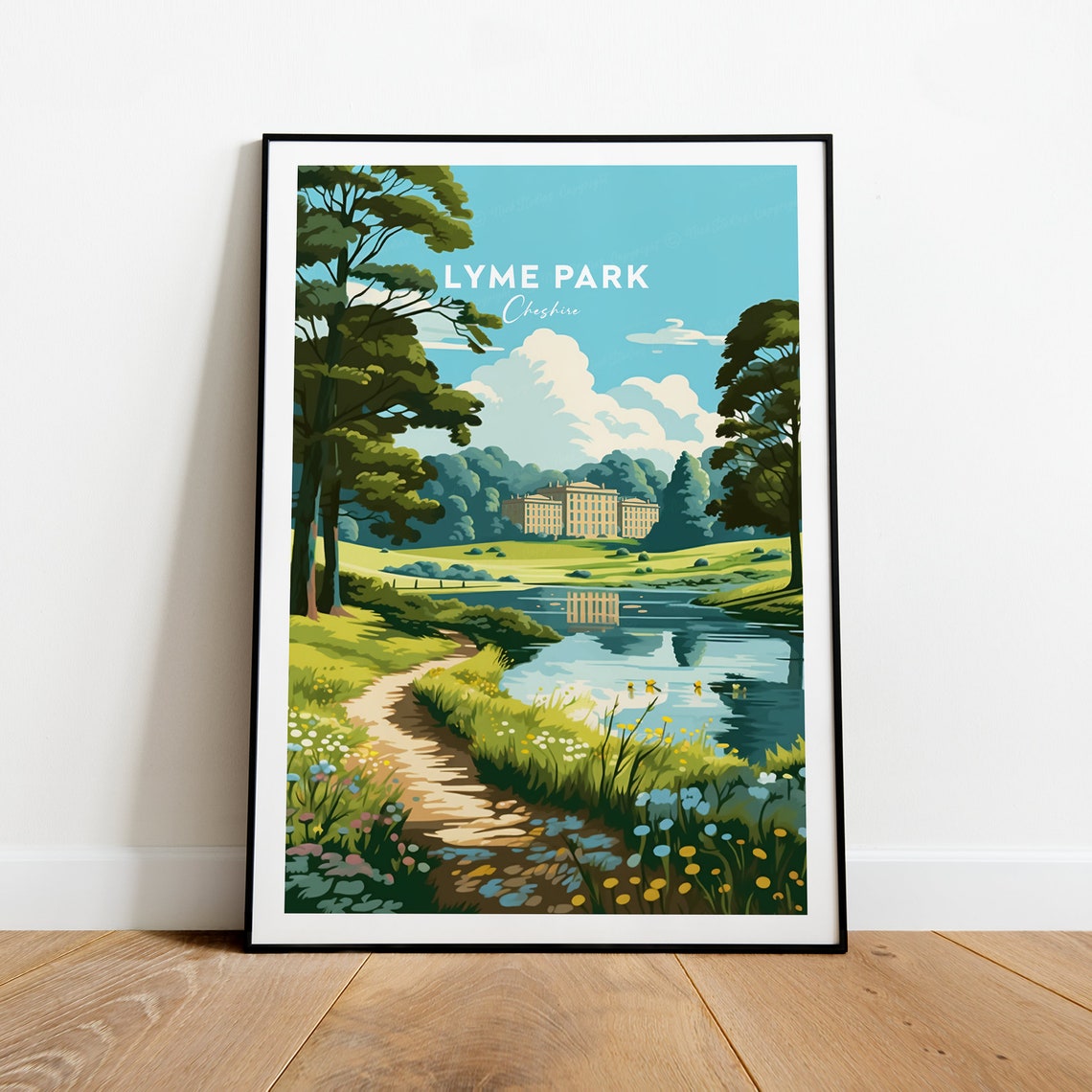 Lyme Park Cheshire England Lake Travel Poster with Garden Path