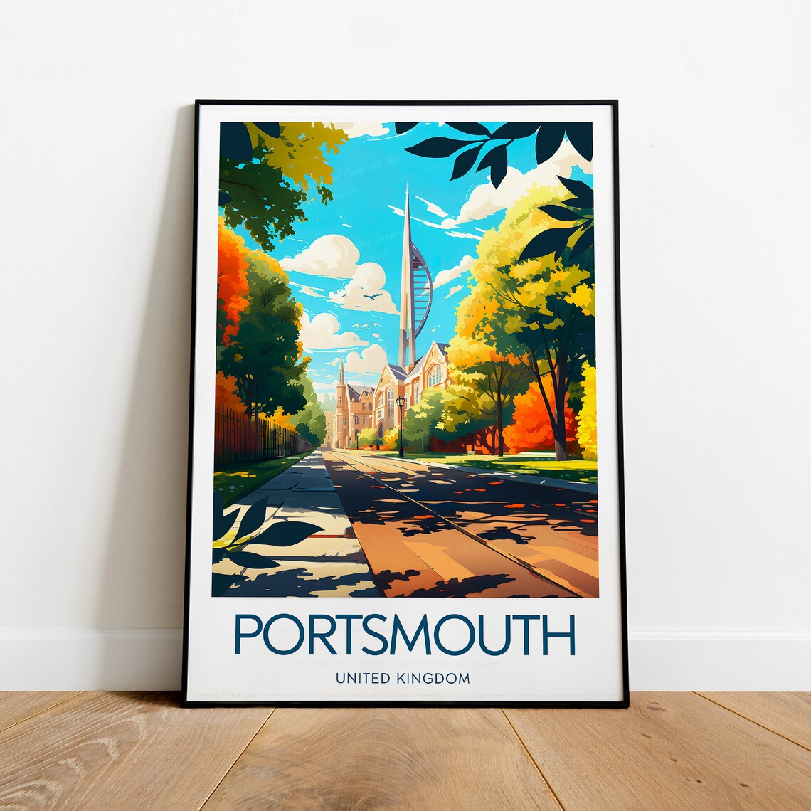 Portsmouth UK Spinnaker Tower Autumn Street Vintage Travel Poster