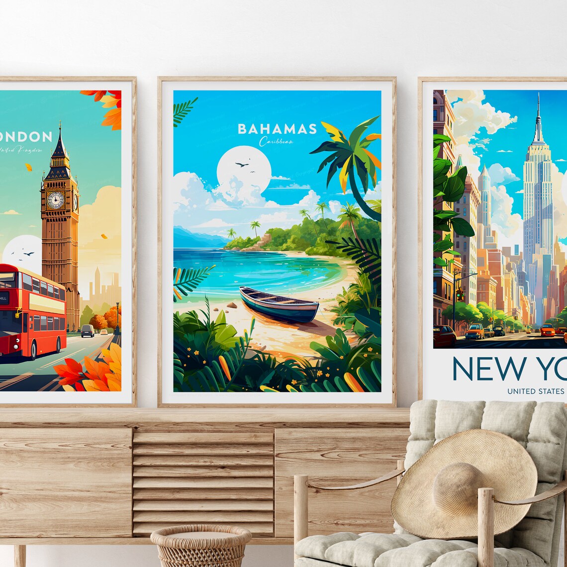 Bahamas Caribbean Tropical Cove Boat Beach Palm Trees Travel Poster - Image 2