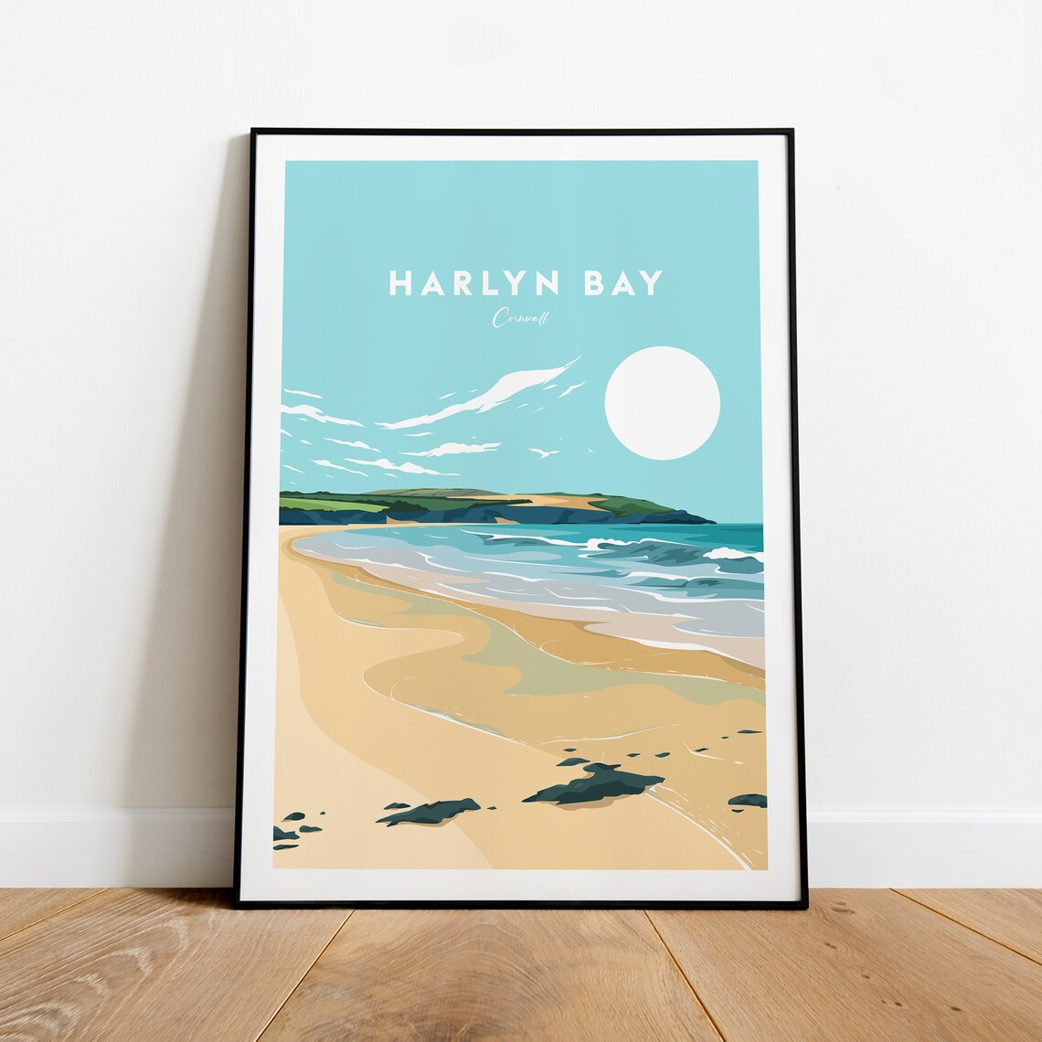 Harlyn Bay Cornwall Minimalist Sandy Beach Sun Coastal Travel Poster