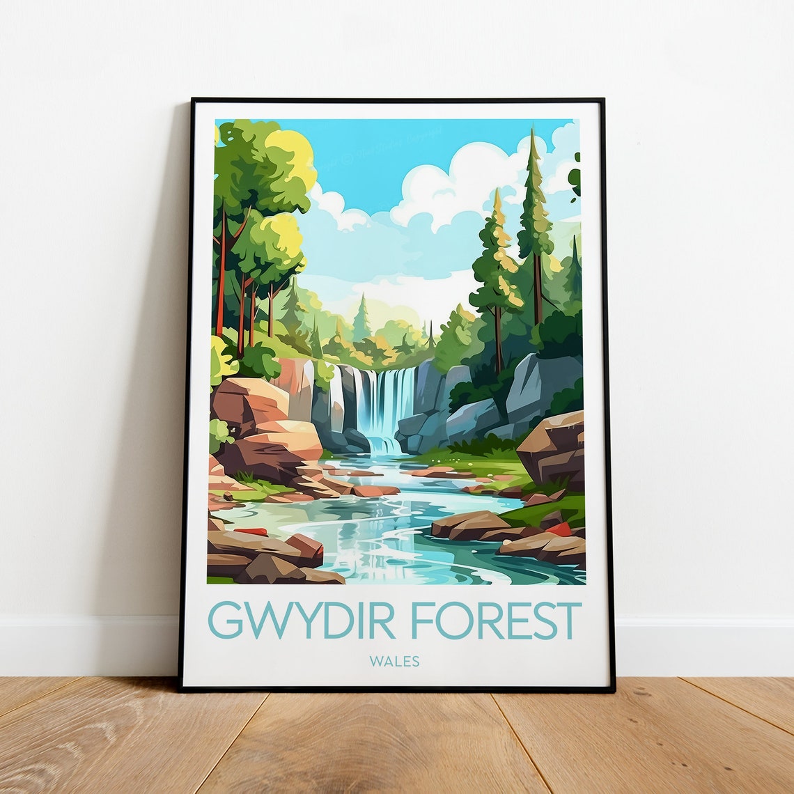 Gwydir Forest Wales Cascading Waterfall River Rocks Travel Poster