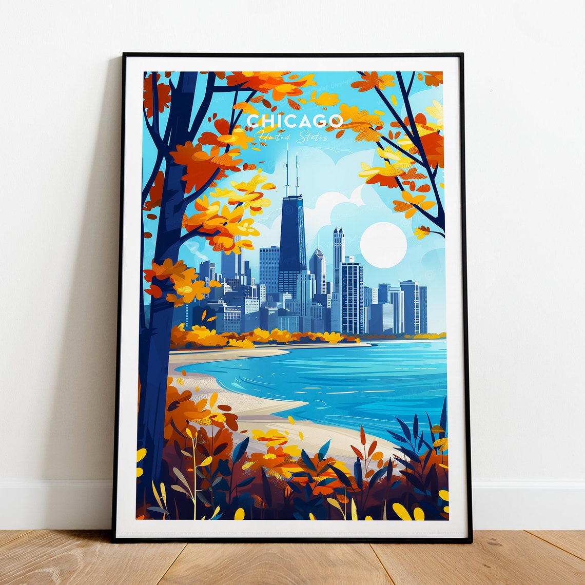 Chicago Skyline Autumn Lakefront Leaves Illinois City Travel Poster