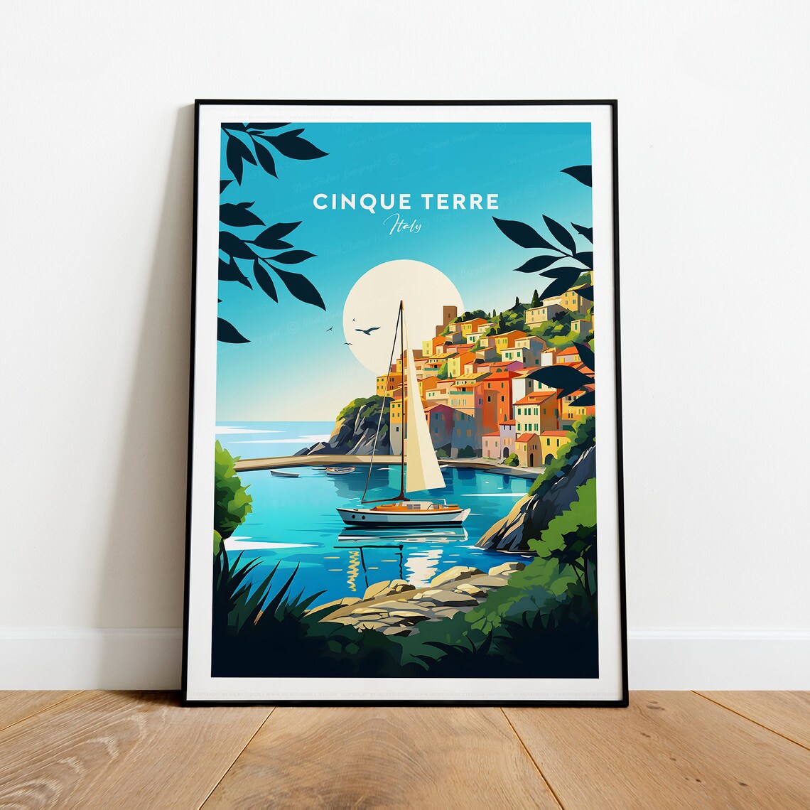 Cinque Terre Italy Colorful Cliffside Village Sailboat Travel Poster - Image 2