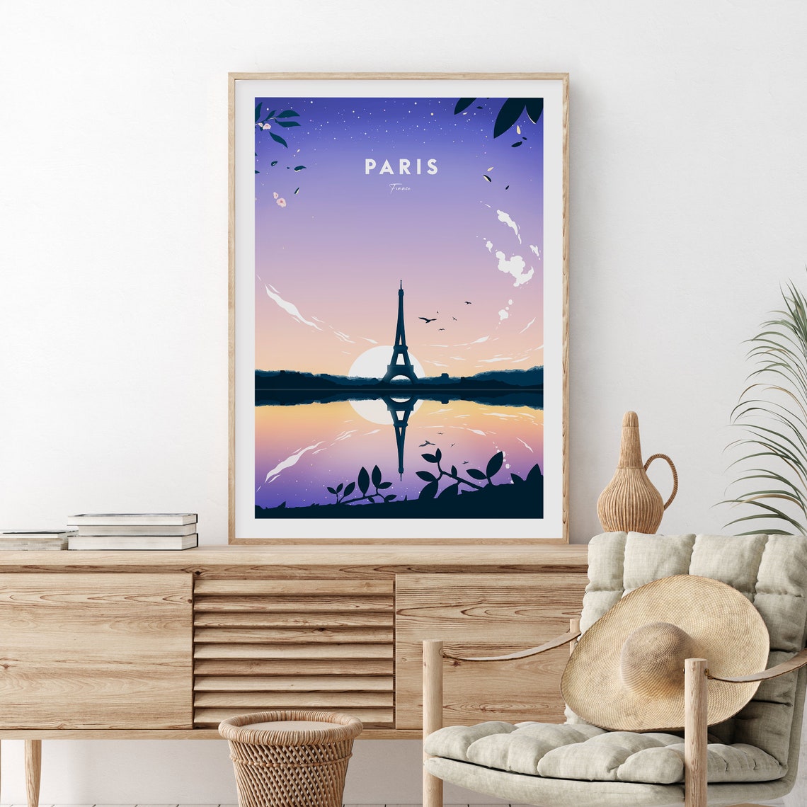 Paris France Eiffel Tower Sunset Reflection River Art Poster