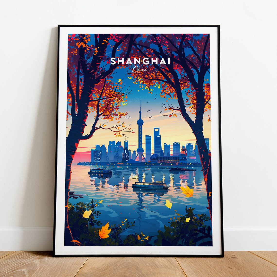 Shanghai Oriental Pearl Tower Sunset River Skyline Travel Poster - Image 2