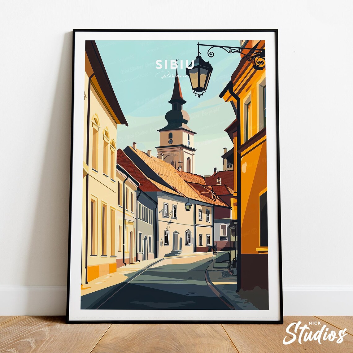 Sibiu Romania Old Town Clock Tower Cobblestone Street Travel Poster