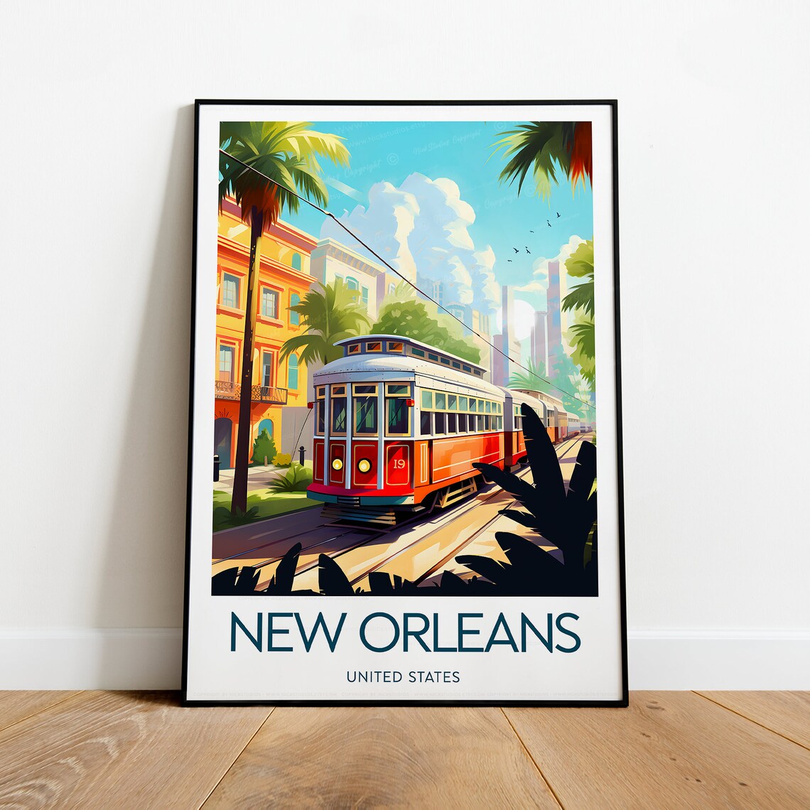 New Orleans Streetcar Red Trolley Palm City Scene Travel Poster - Image 2