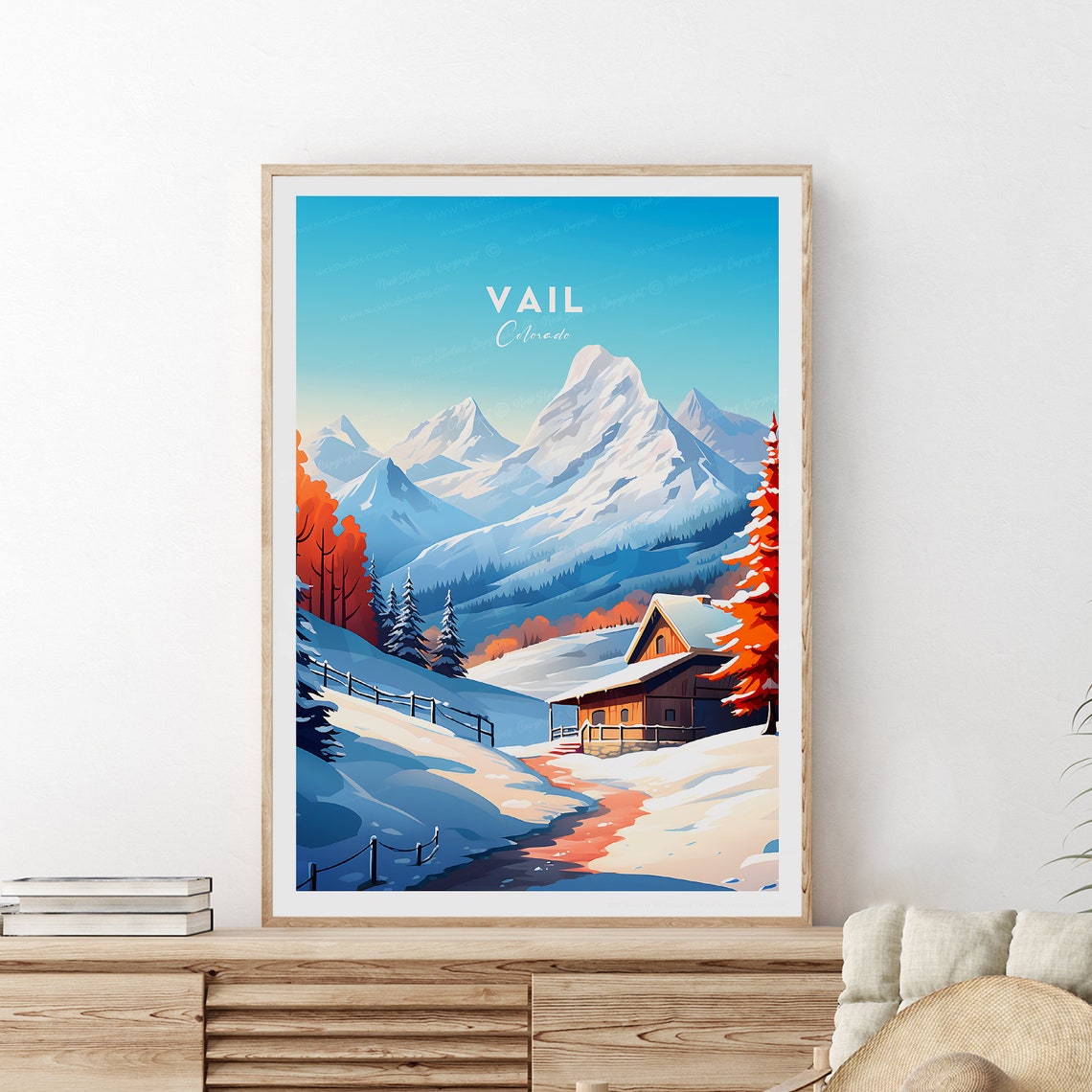 Vail Colorado Snowy Mountain Cabin Winter Alpine Scene Poster