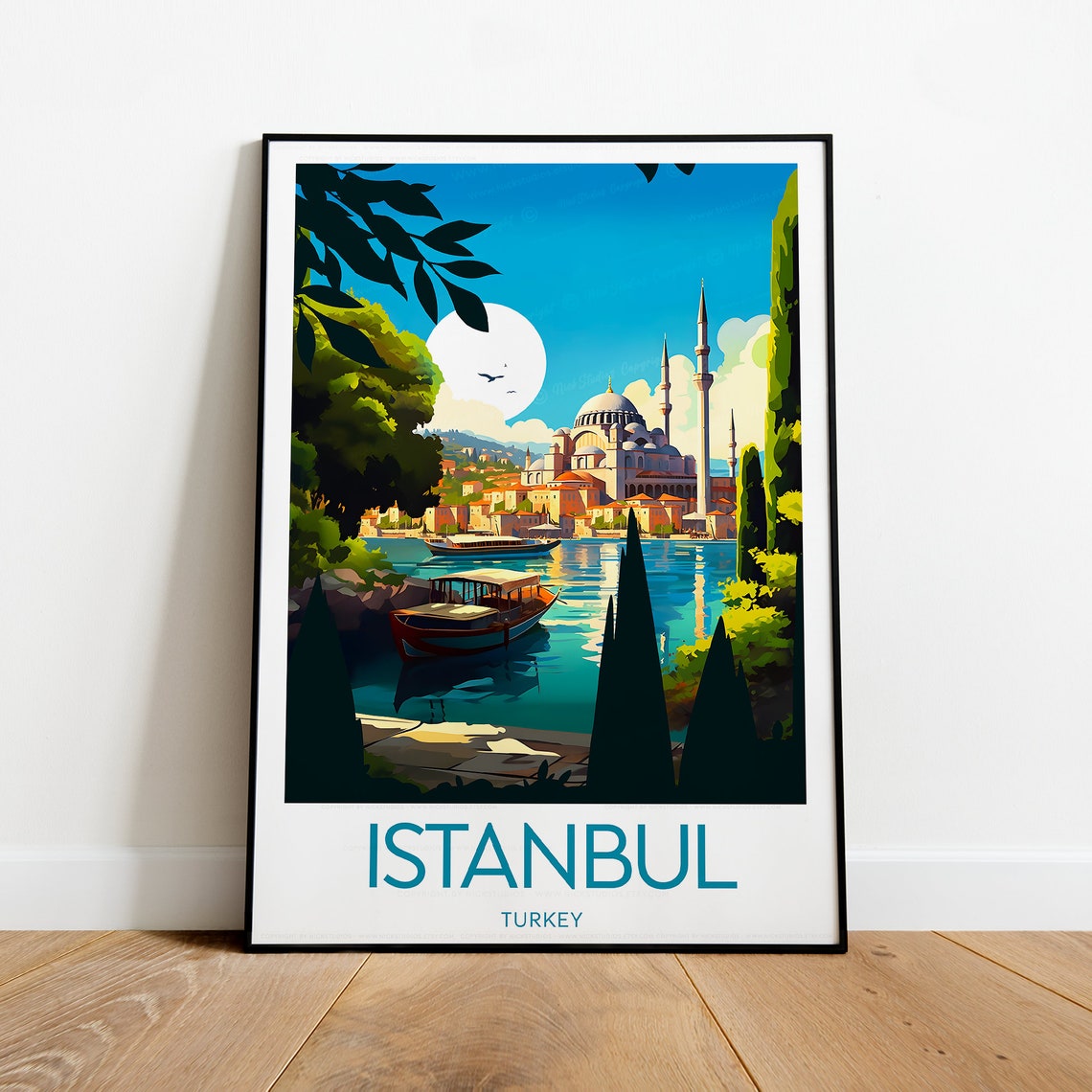 Istanbul Turkey Grand Mosque Harbor Boat Under Golden Sun Poster - Image 2