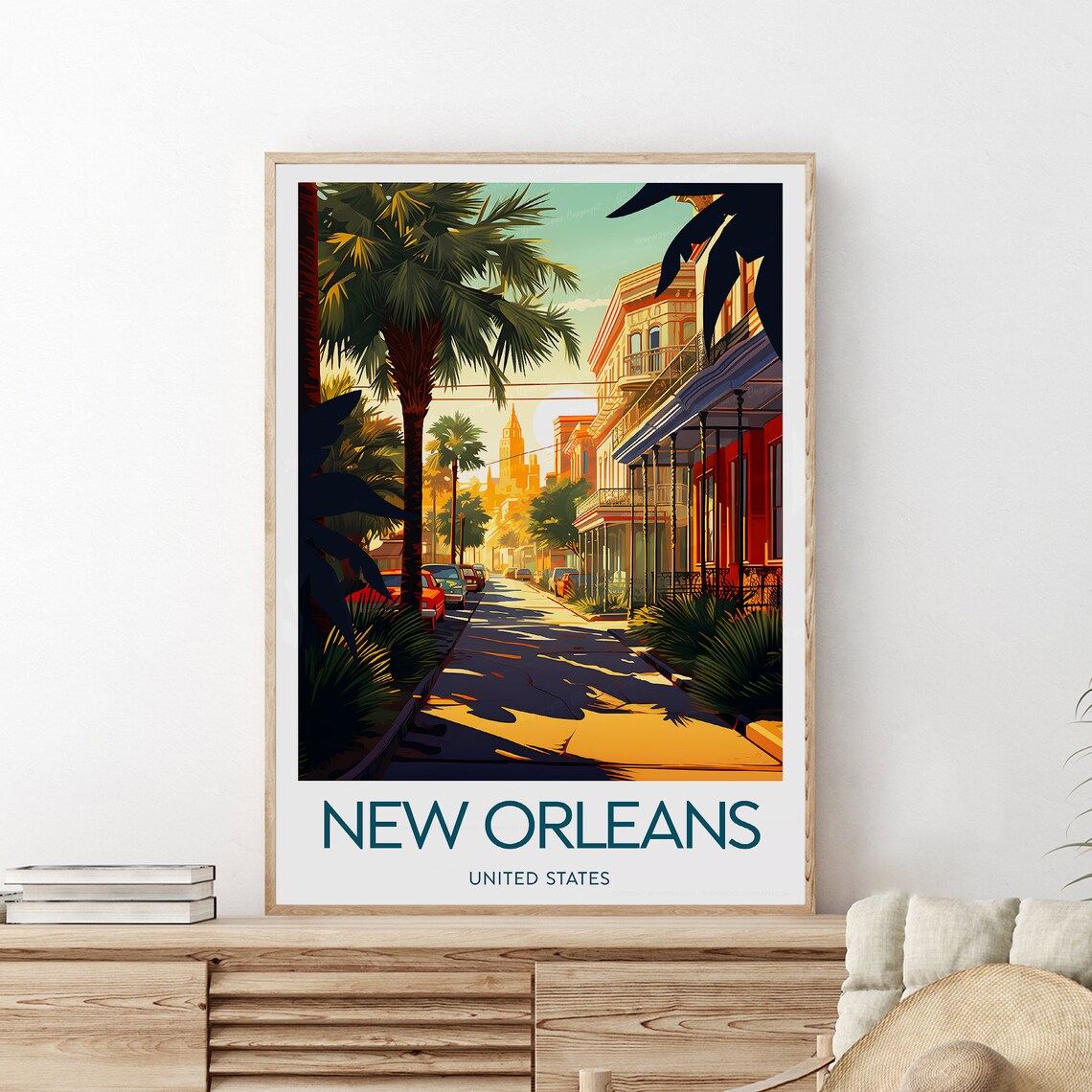 New Orleans Travel Poster, Palm-Lined French Quarter Street Art