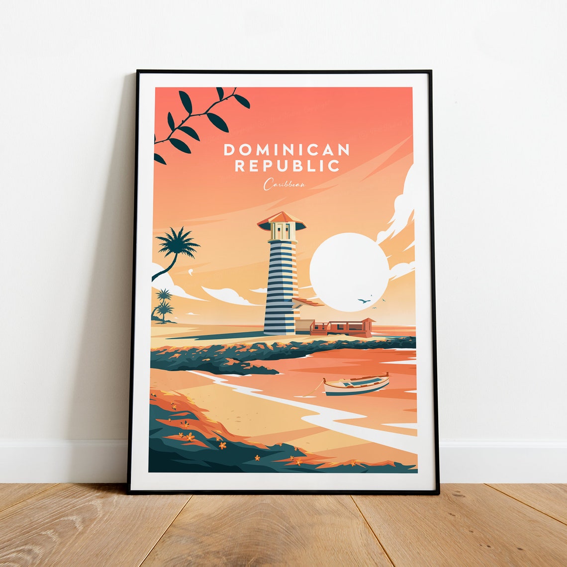 Dominican Republic Caribbean Sunset Lighthouse Beach Travel Poster - Image 2