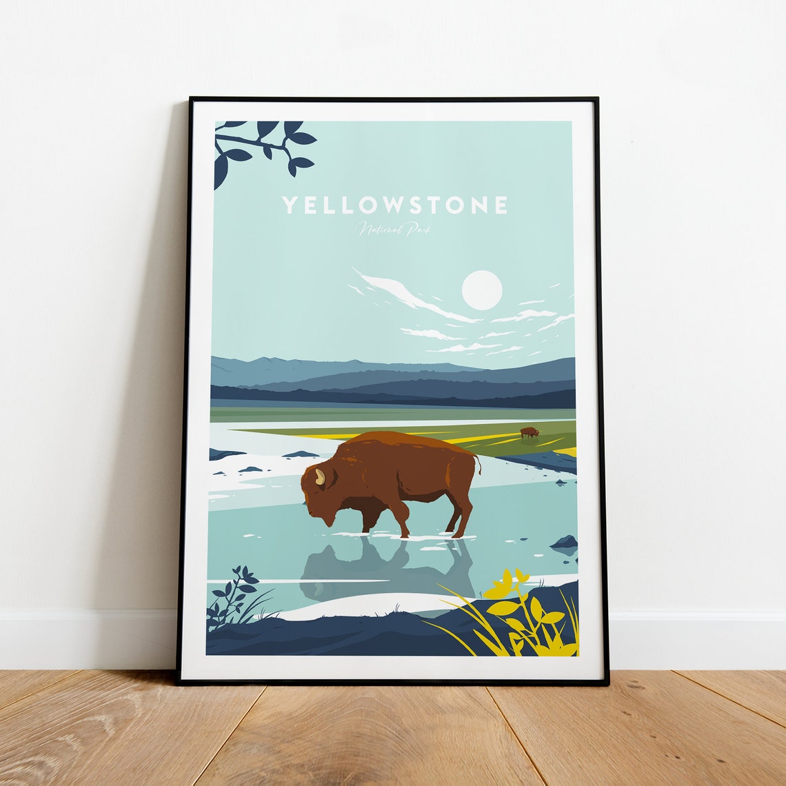 Wild Yellowstone National Park Bison River Valley Scene Poster - Image 2